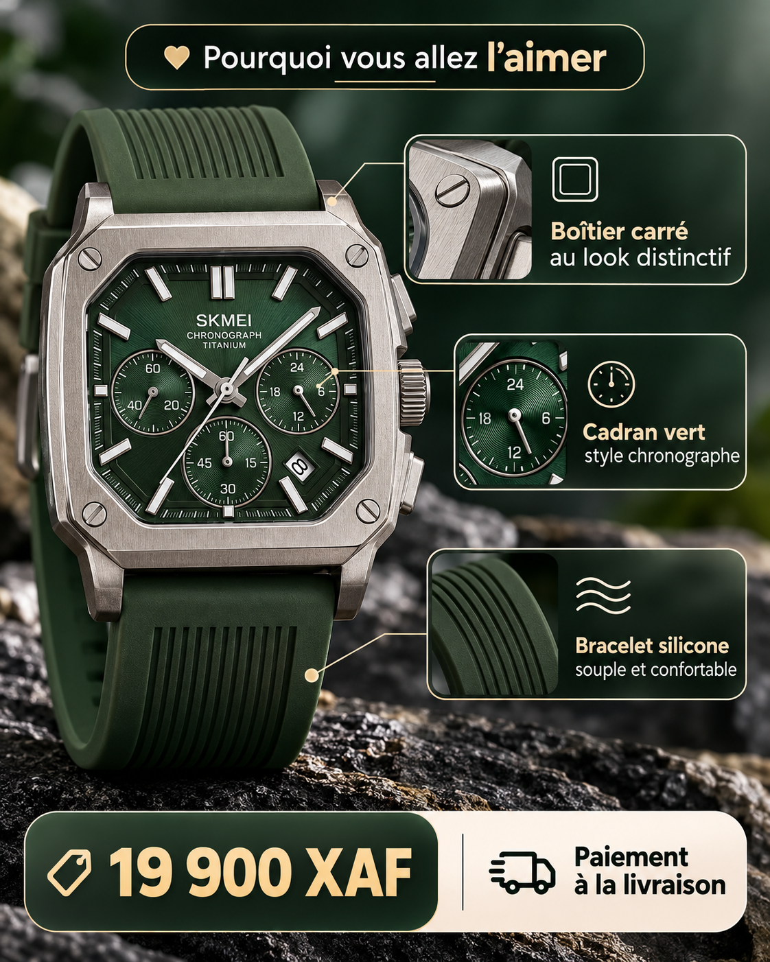 Détails montre verte carré chronographe - KEZIO.store