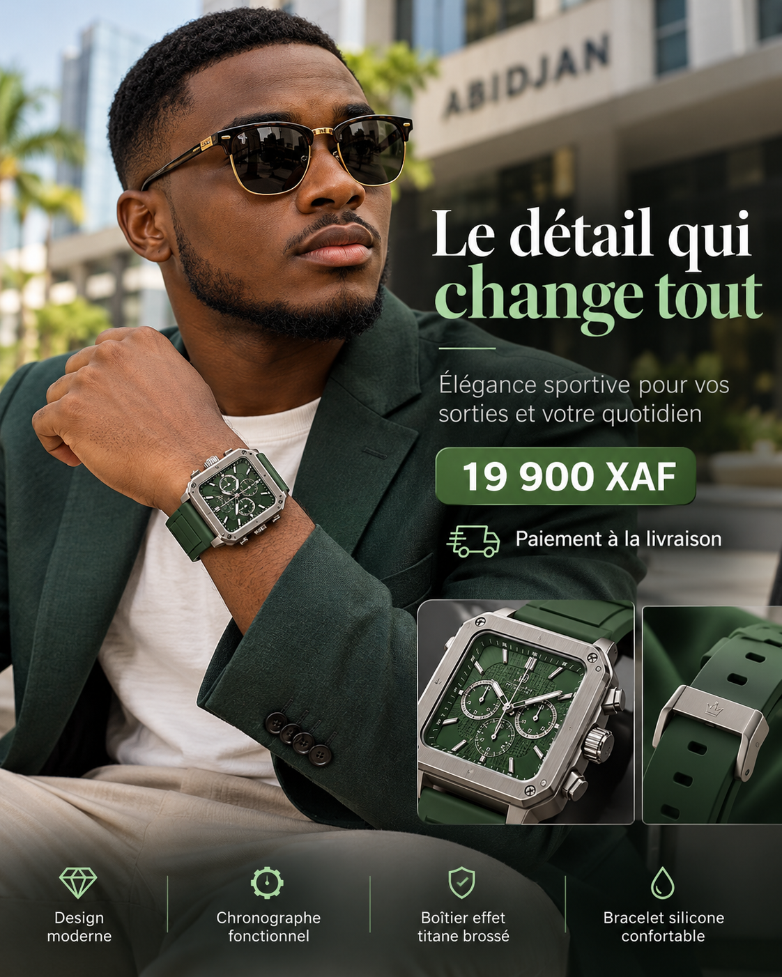Homme portant une montre verte élégante - KEZIO.store
